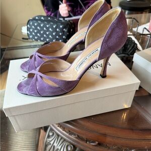 Vintage Manolo Blahnik Purple Suede Peep-Toe Heels with Crossover Straps